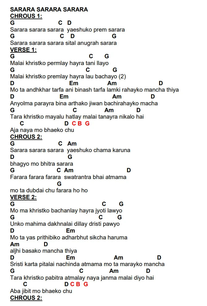 Lyrics and chords for Sarara Sarara Sarara, key C, page 2 of 2