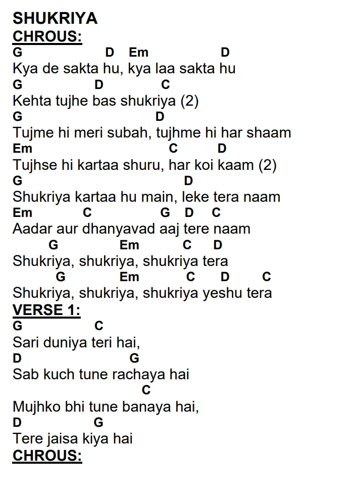 Lyrics and chords for Shukriya, key G, page 2 of 2