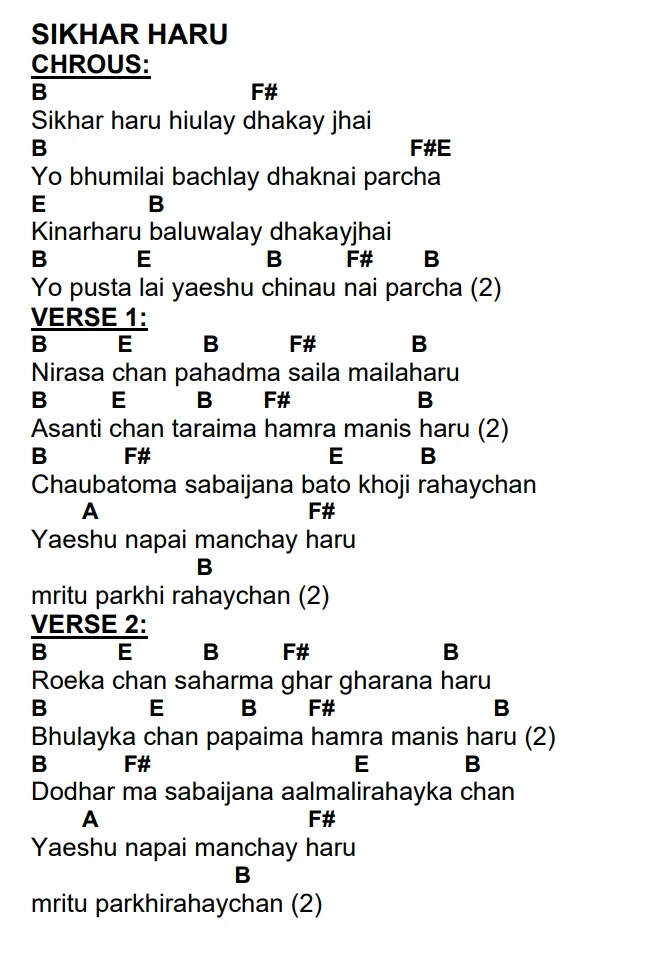 Lyrics and chords for Sikhar Haru, key B, page 2 of 2