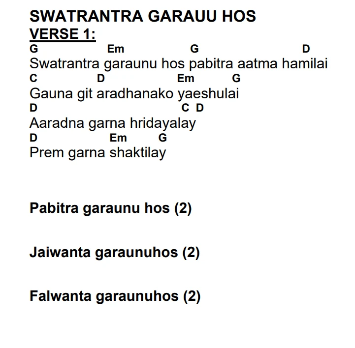 Lyrics and chords for Swatantra Garauu Hos, key G, page 2 of 2