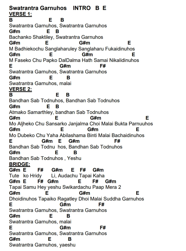 Lyrics and chords for Swatantra Garnuhos, key B, page 2 of 2