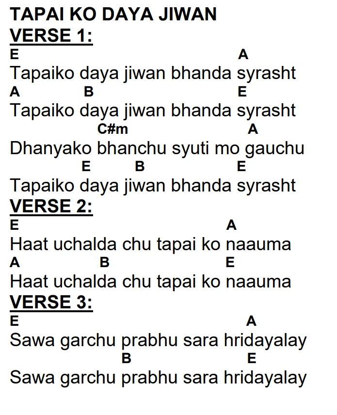 Lyrics and chords for Tapai Ko Daya Jiwan, key E, page 2 of 2