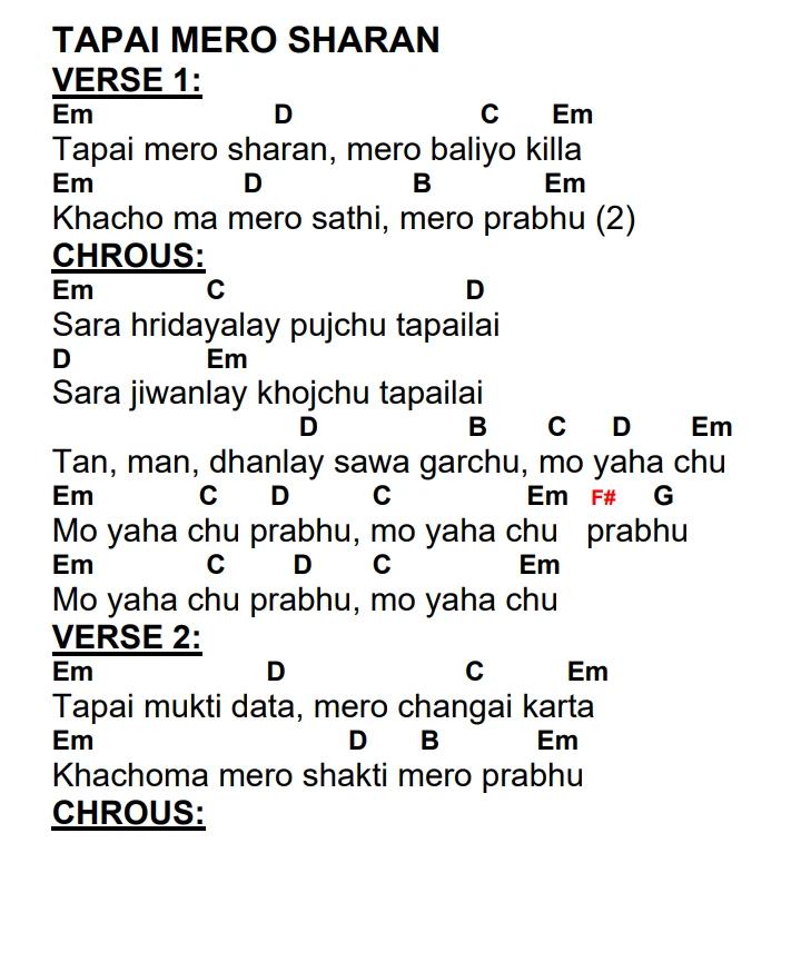 Lyrics and chords for Tapai Mero Sharan, key Em, page 2 of 2