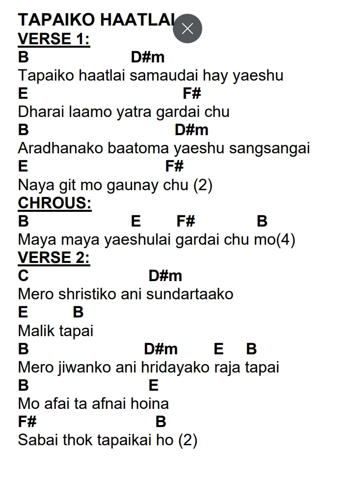 Lyrics and chords for Tapaiko Haatlai, key B, page 2 of 2