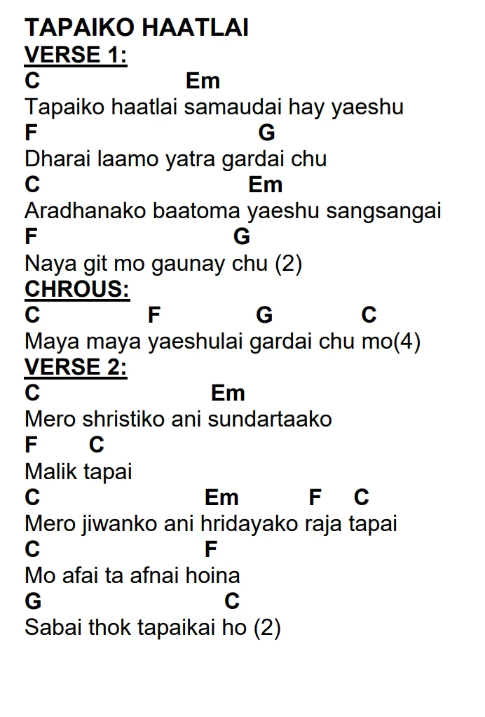 Lyrics and chords for Tapaiko Haatlai, key C, page 2 of 2
