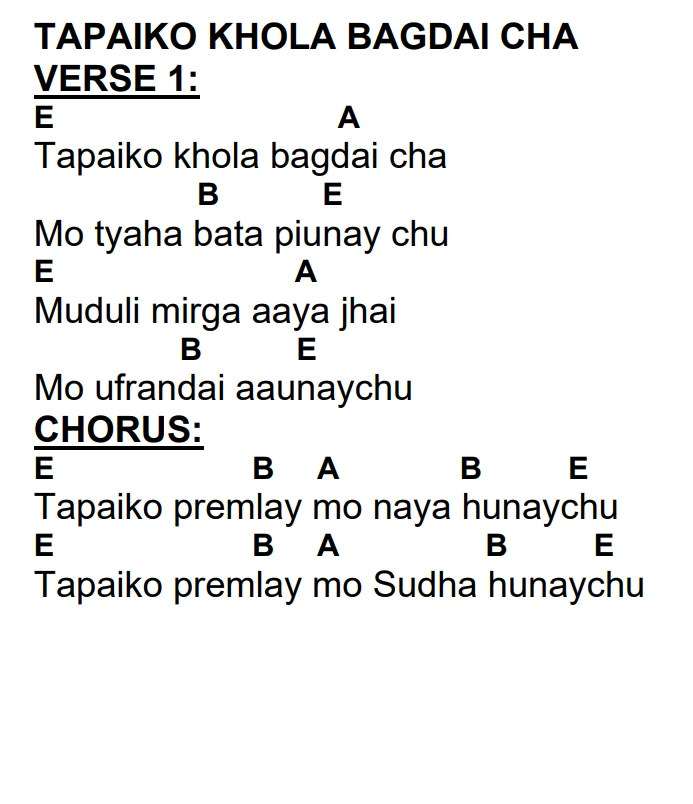 Lyrics and chords for Tapaiko Khola Bagdai Cha, key E, page 2 of 2