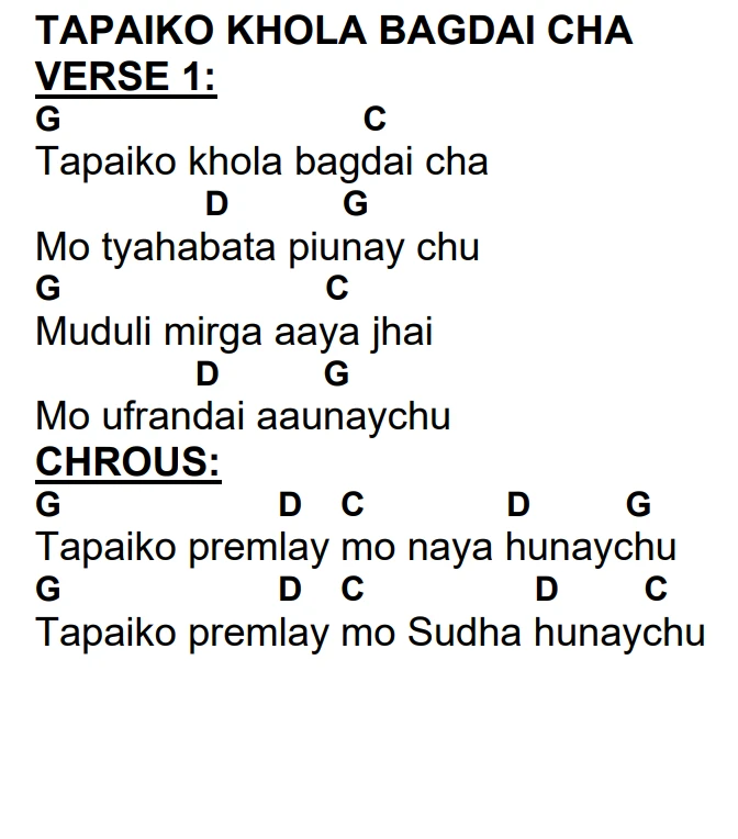 Lyrics and chords for Tapaiko Khola Bagdai Cha, key G, page 2 of 2