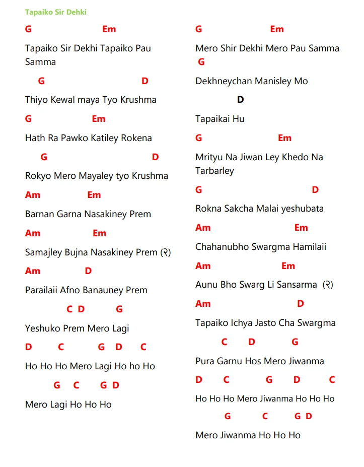 Lyrics and chords for Tapaiko Sir Dekhi, key G, page 2 of 2