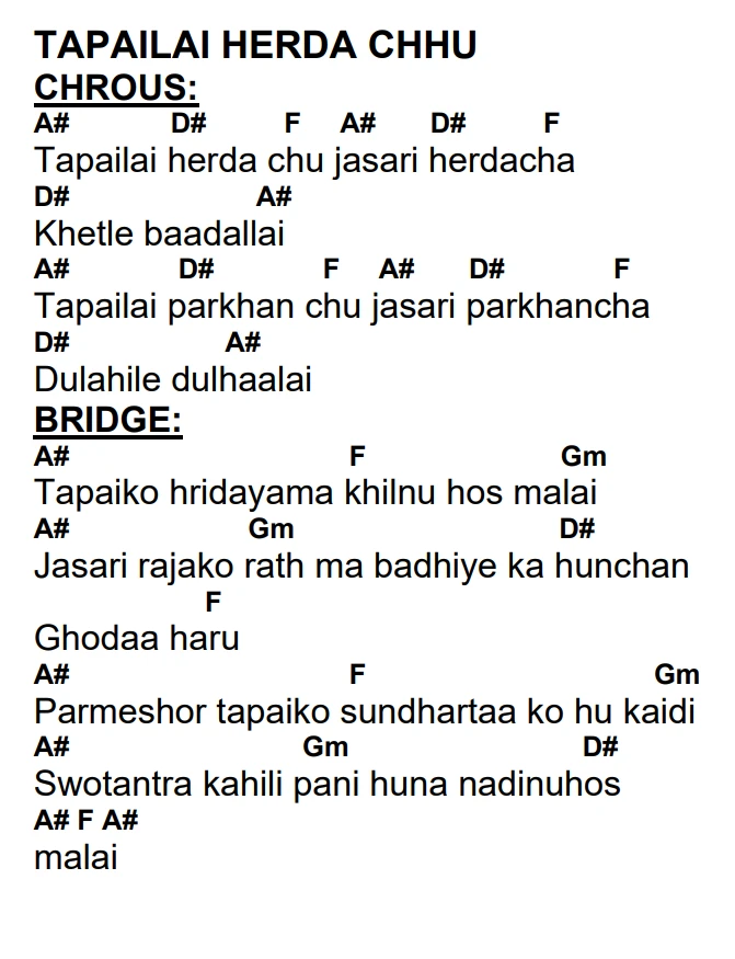 Lyrics and chords for Tapailai Herda Chhu, key A#, page 2 of 2