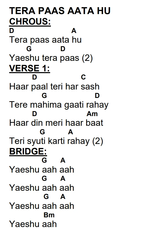 Lyrics and chords for Tera Paas Aata Hu, key D, page 2 of 2