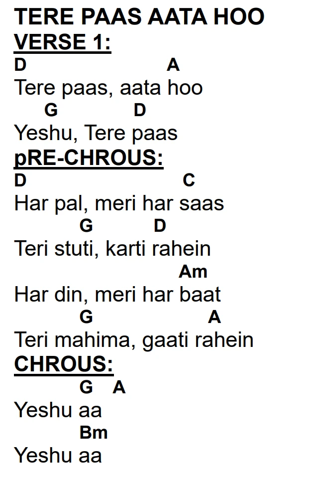 Lyrics and chords for Tere Paas Aata Hoo, key D, page 2 of 2
