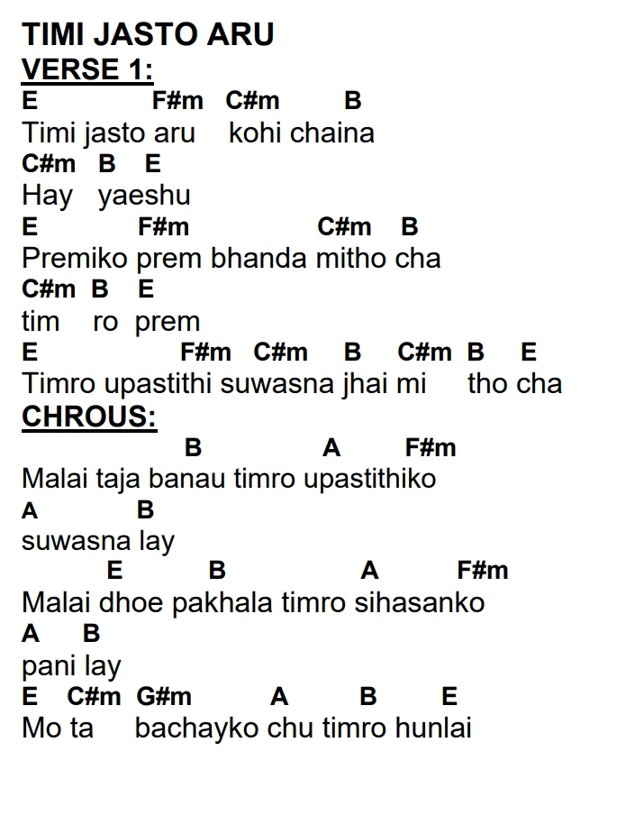 Lyrics and chords for Timi Jasto Aru, key E, page 2 of 2