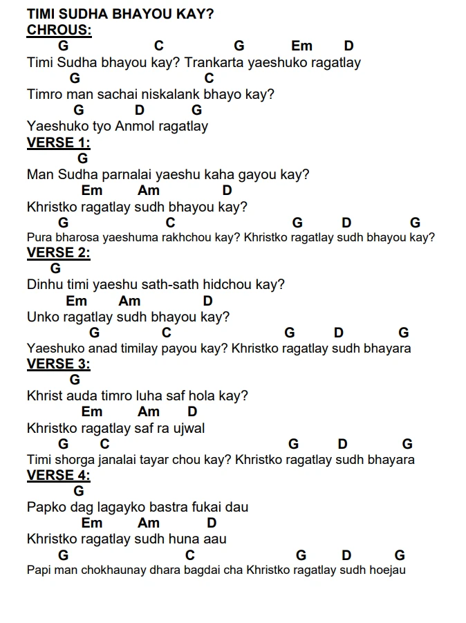 Lyrics and chords for Timi Sudha Bhayou Kay, key G, page 2 of 2