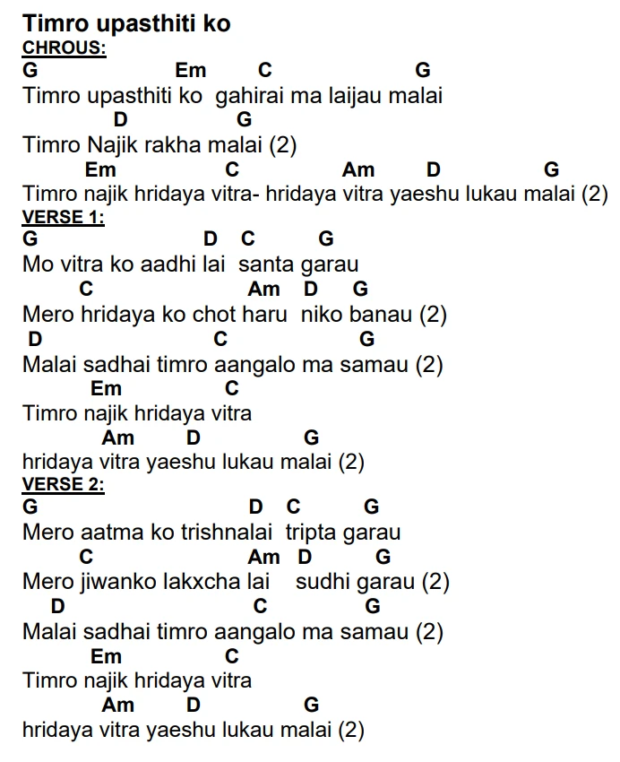Lyrics and chords for Timro Upasthiti Ko, key G, page 2 of 2