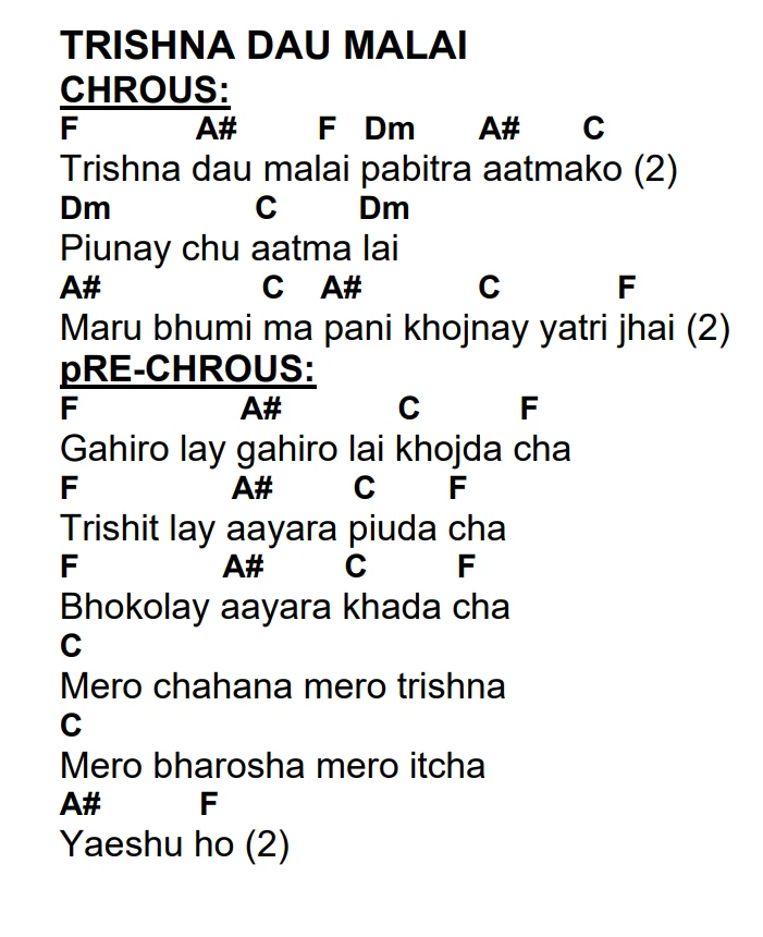 Lyrics and chords for Trishna Dau Malai, key F, page 2 of 2