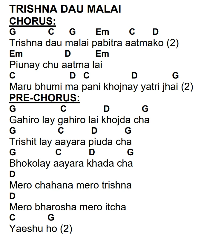 Lyrics and chords for Trishna Dau Malai, key G, page 2 of 2
