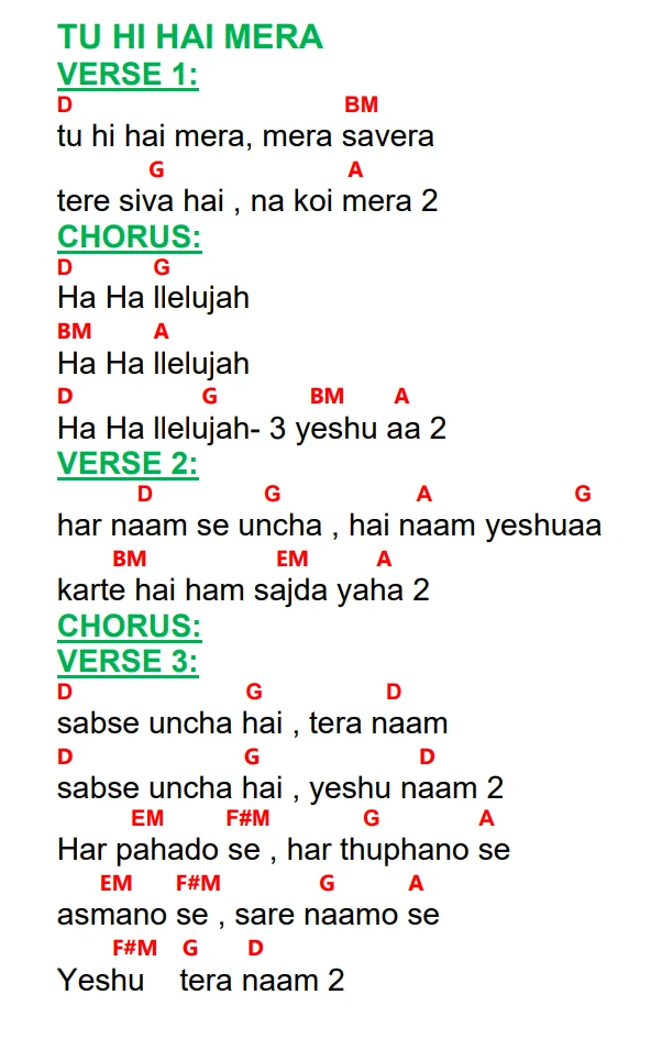 Lyrics and chords for Tu Hi Hai Mera, key D, page 2 of 2