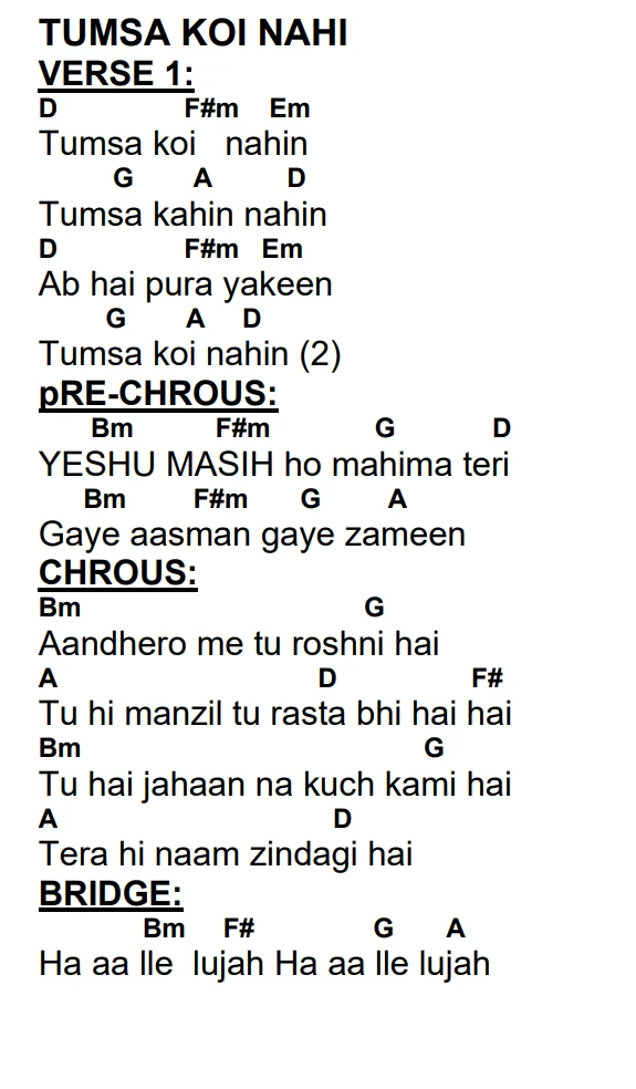 Lyrics and chords for Tumsa Koi Nahi, key D, page 2 of 2