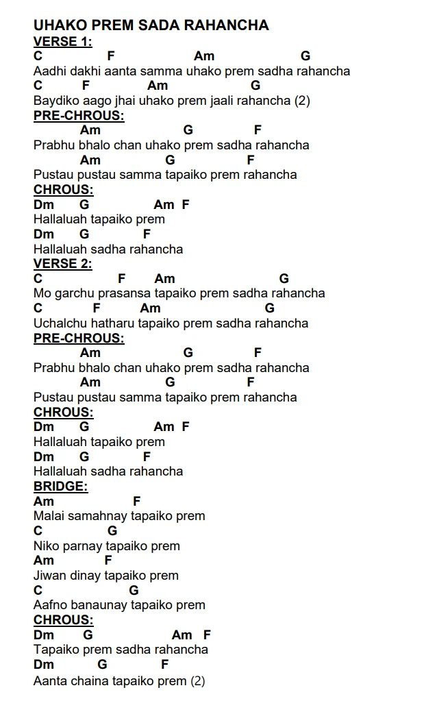 Lyrics and chords for Uhako Prem Sada Rahancha, key C, page 2 of 2
