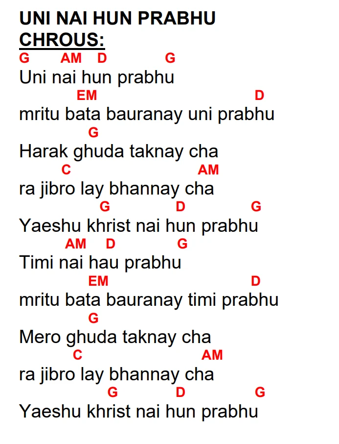 Lyrics and chords for Uni Nai Hun Prabhu, key G, page 2 of 2