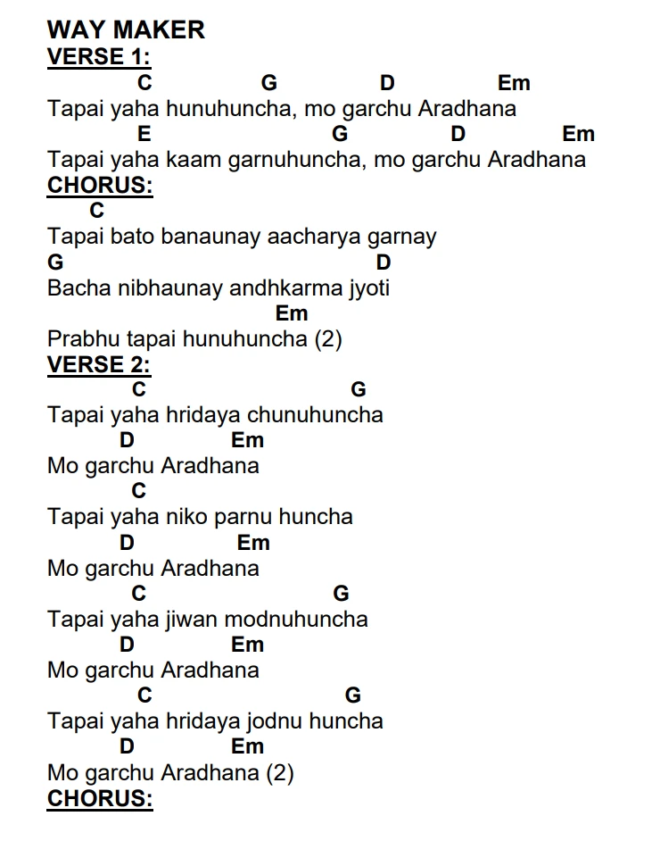 Lyrics and chords for Way Maker, key C, page 3 of 4