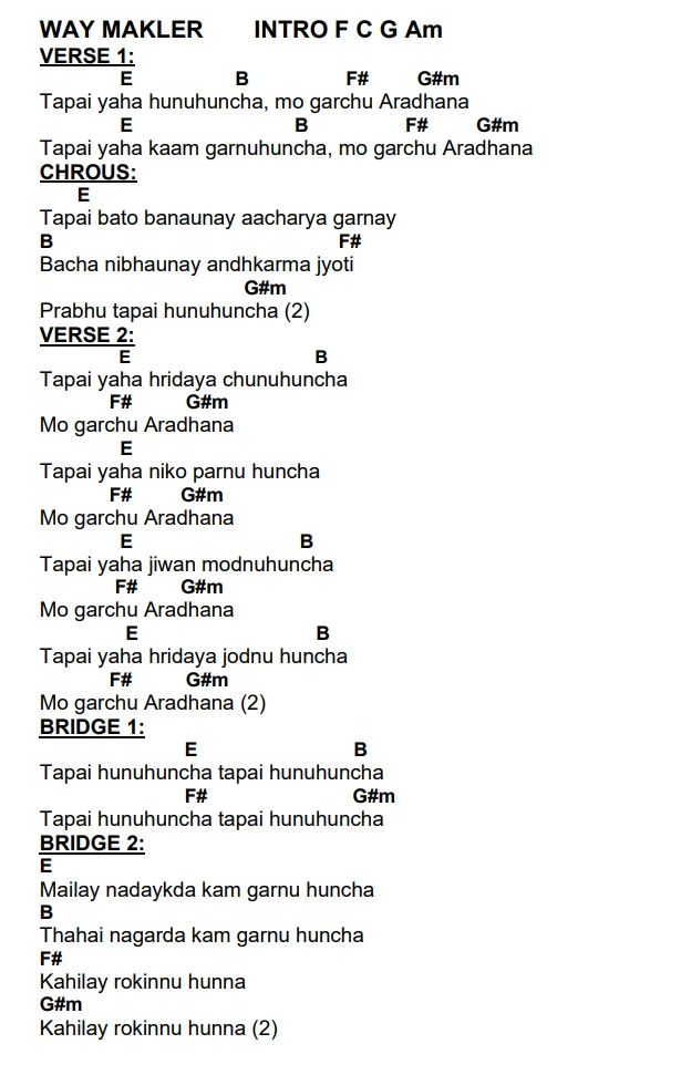 Lyrics and chords for Way Maker, key E, page 2 of 2