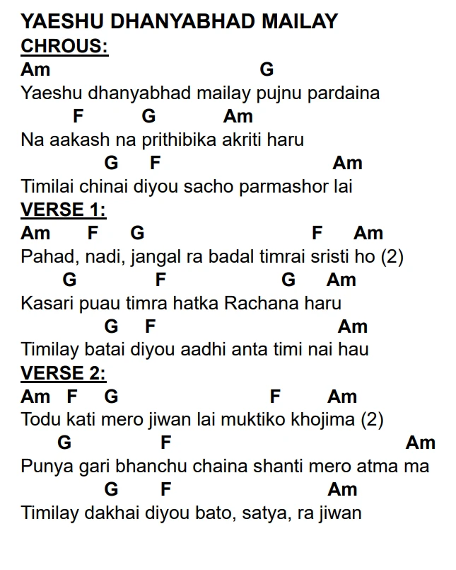 Lyrics and chords for Yaeshu Dhanyabhad Mailay, key Am, page 2 of 2
