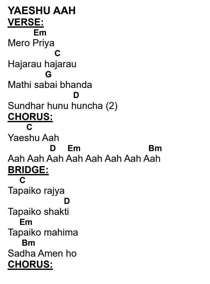 Lyrics and chords for Yaeshu Hami Uchalchou, key G, page 2 of 2