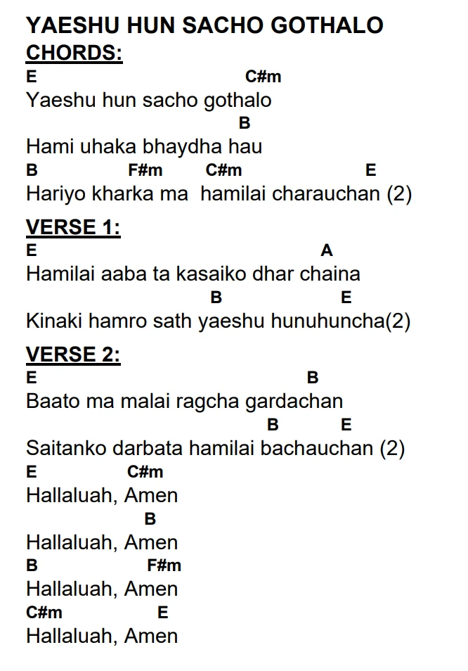 Lyrics and chords for Yaeshu Hun Sacho Gothalo, key E, page 2 of 2