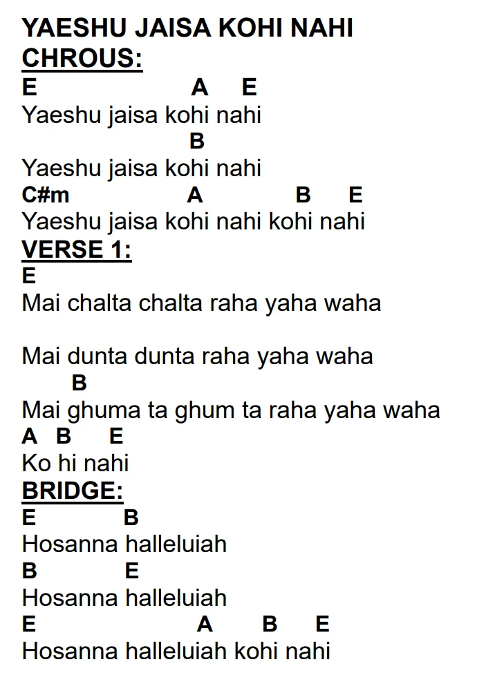 Lyrics and chords for Yaeshu Jaisa Kohi Nahi, key E, page 2 of 2