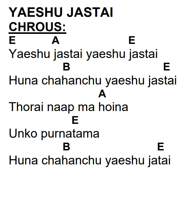 Lyrics and chords for Yaeshu Jastai, key E, page 2 of 2