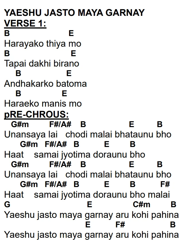 Lyrics and chords for Yaeshu Jasto Maya Garnay, key B, page 2 of 2