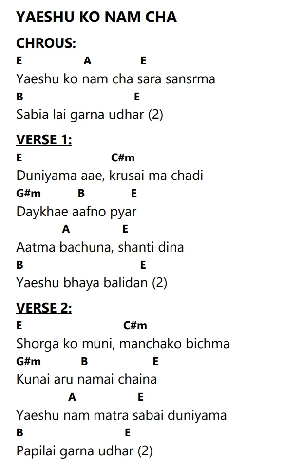 Lyrics and chords for Yaeshu Ko Nam Cha, key E, page 2 of 2