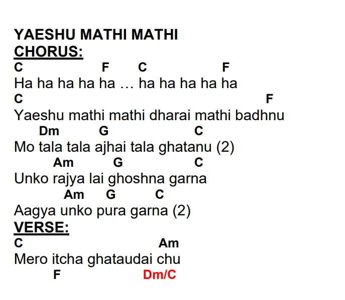 Lyrics and chords for Yaeshu Mathi Mathi, key C, page 2 of 2