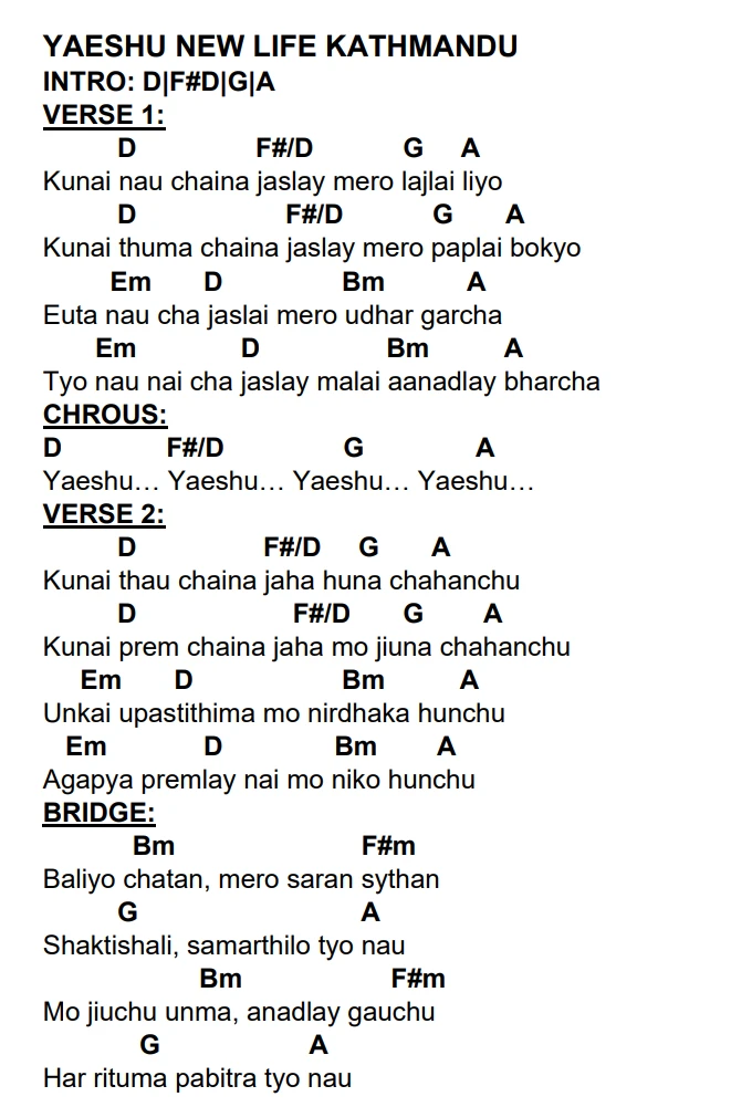 Lyrics and chords for Yaeshu New Life Kathmandu, key D, page 2 of 2
