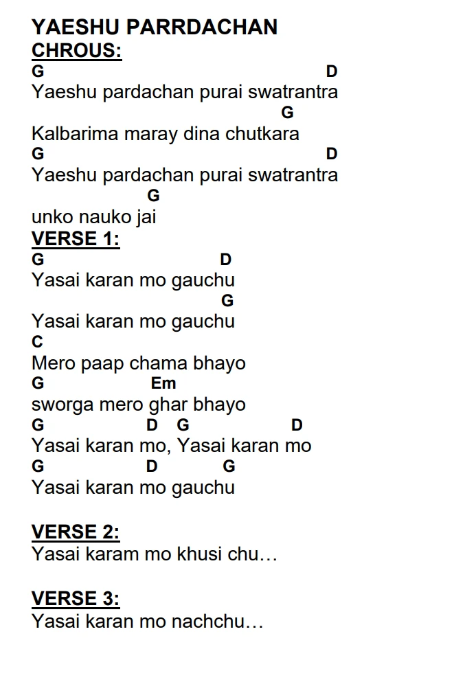Lyrics and chords for Yaeshu Parrdachan, key G, page 2 of 2