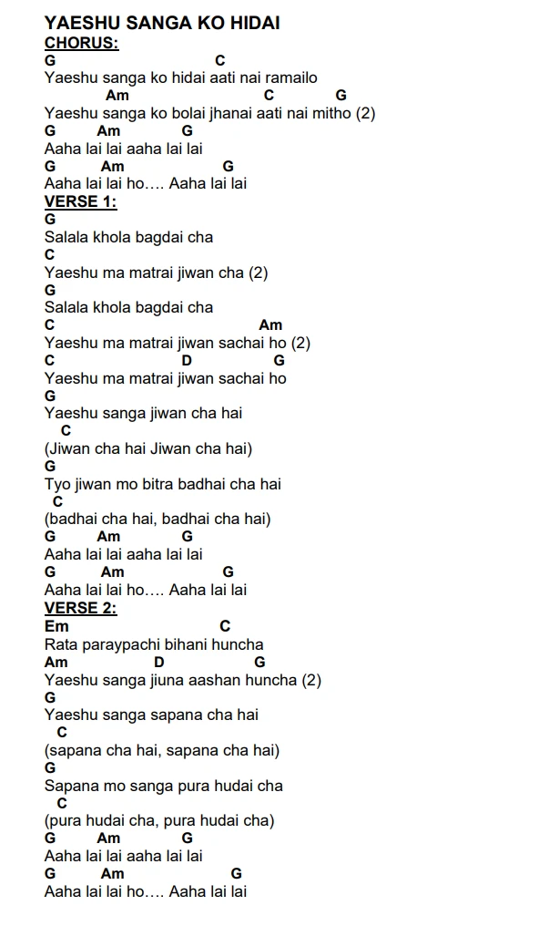 Lyrics and chords for Yaeshu Sanga Ko Hidai, key G, page 2 of 2