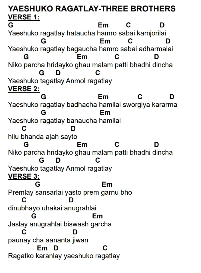 Lyrics and chords for Yaeshuko Ragatlay-Three Brothers, key G, page 2 of 2
