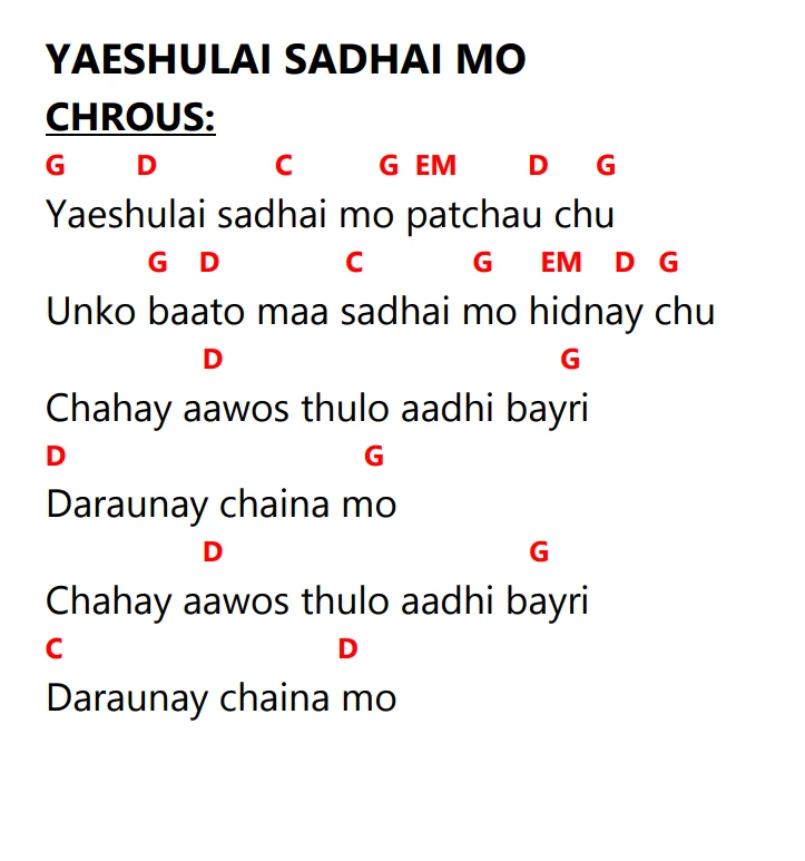 Lyrics and chords for Yaeshulai Sadhai Mo, key G, page 2 of 2
