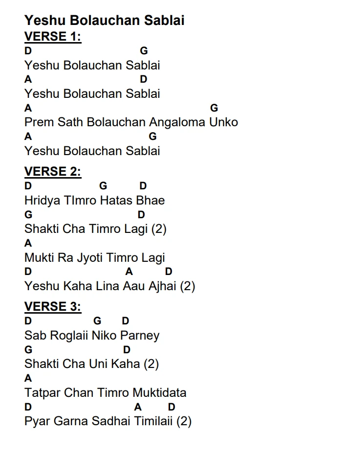 Lyrics and chords for Yeshu Bolauchan Sablai, key D, page 2 of 2