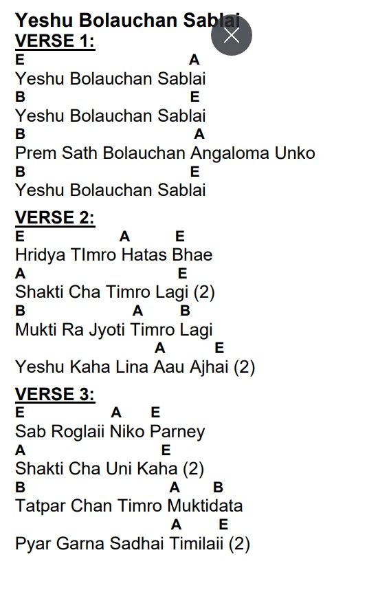 Lyrics and chords for Yeshu Bolauchan Sablai, key E, page 2 of 2
