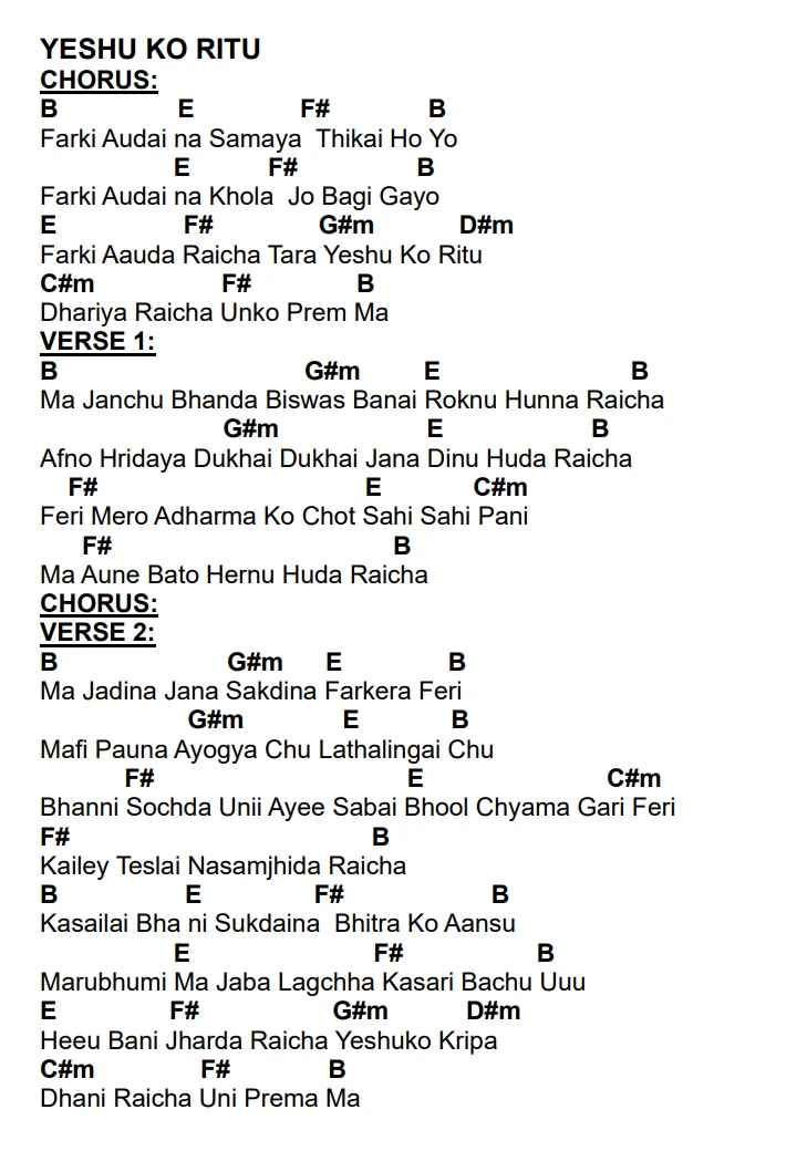 Lyrics and chords for Yeshu Ko Ritu, key B, page 2 of 2
