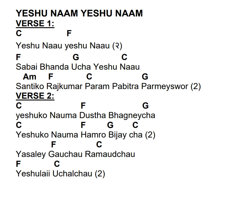 Lyrics and chords for Yeshu Naam Yeshu Naam, key C, page 2 of 2