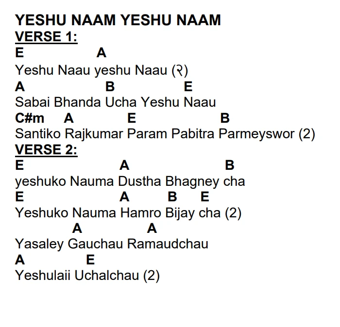 Lyrics and chords for Yeshu Naam Yeshu Naam, key E, page 2 of 2