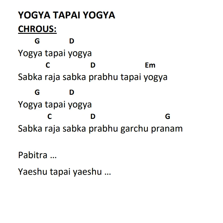 Lyrics and chords for Yogya Tapai Yogya, key G, page 2 of 2